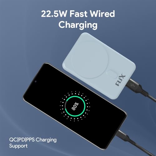 Image of FLiX MagConnect Elite 10,000mAh 15W Magnetic Wireless Output,22.5W QC Pocket Power Delivery PPS,Type C & Type A Input /Output,Rapid Charge,LED Display,Perfect for iPhone 12,13,14(Blue)
