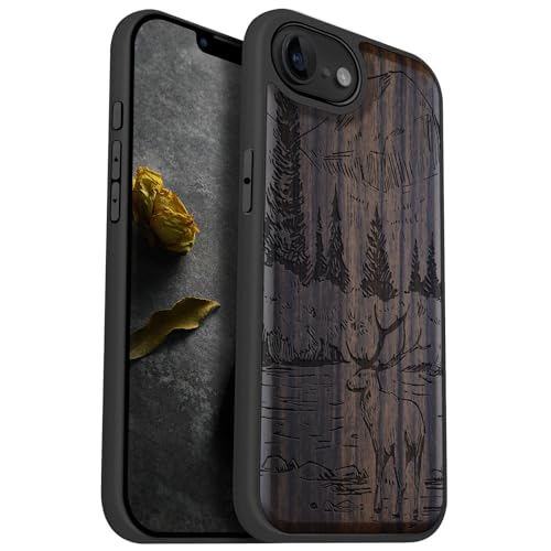 Carveit Wood Case for iPhone 16e/17e, Mountains and Deer, Black