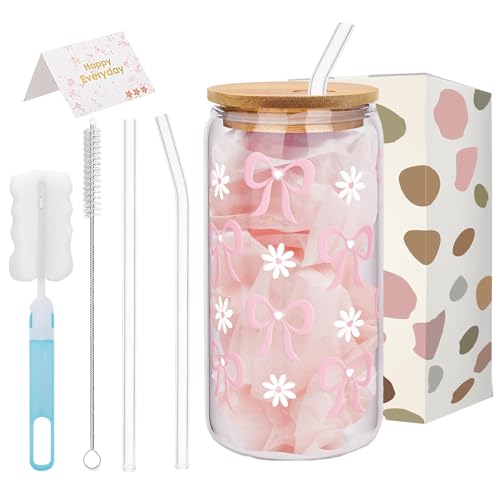 Onperpoe Aesthetic Bow Glass Cups with Lids and Straws, 16oz Pink Bow Daisy Iced Coffee Tumblers, Perfect Gifts for Women and Girls
