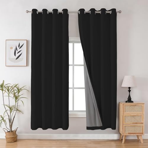 Image of Joydeco Black Blackout Curtains 84 Inches Long for Livingroom, Grommet Room Darkening Curtains 84 Inches Long, Solid Polyester Thermal Insulated Drapes 84 Inch Length 2 Panels Set