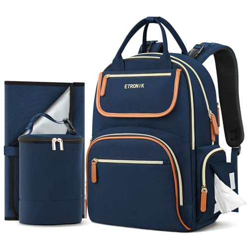 Image of ETRONIK Diaper Bag Backpack, Baby Bag with Separate Insulated Bag and Changing Pad, Waterproof Mommy Bag for Girl Boy with Stroller Straps, Stylish Travel Essentials Backpack for Mom Dad-32L
