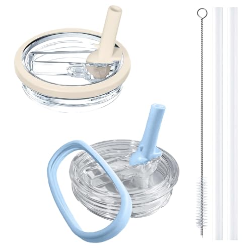 Image of 2 Pack 40 oz Tumbler Lid Replacement, with Leak Proof and Flip Straw Lid, Stanley Cup Accessories, for Stanley Quencher H2.0 40 oz Tumbler (Only), BPA Free (Beige and Light Blue Set)