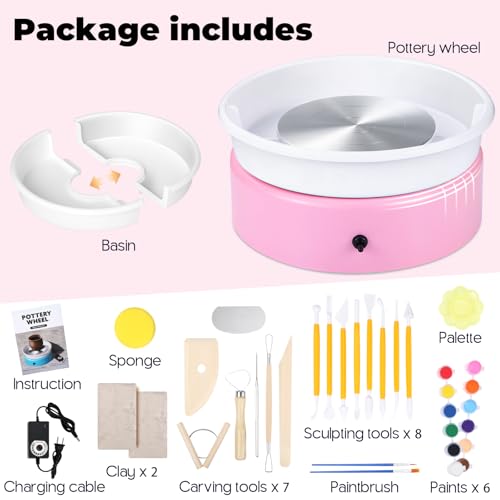 Goody King Mini Pottery Wheel-9.4”Pottery Wheel for Adults Beginners Kids, Upgraded Movable Turntable with Adjustable Speed with 16 Pottery Shaping Tools, Supports Forward and Reverse Rotation-Pink