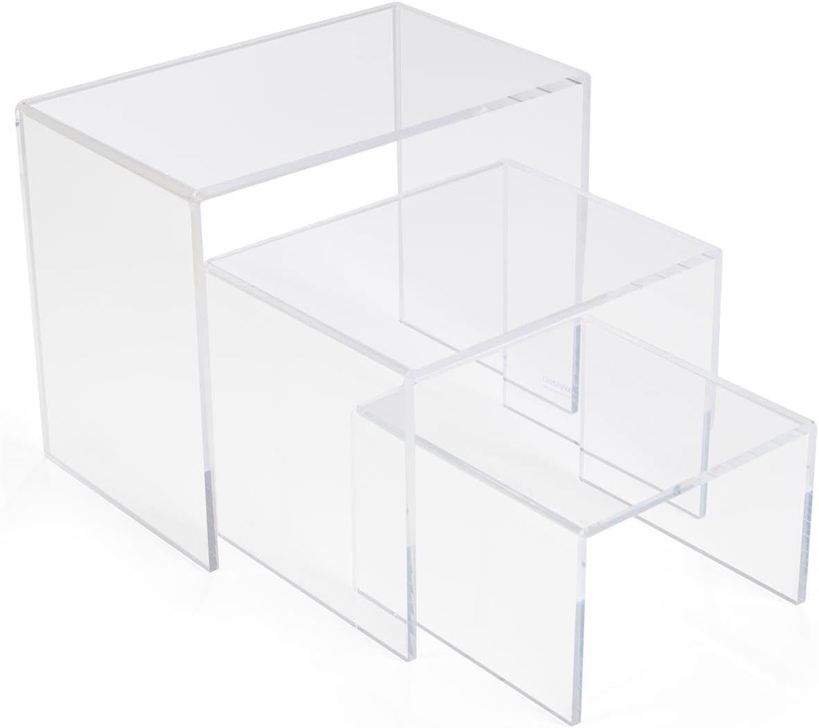 Displays2go Recycled Acrylic Riser Display, U-Shaped Risers, Set of 3 - 6, 8 and 10" Wide - Clear (RISESMLE)