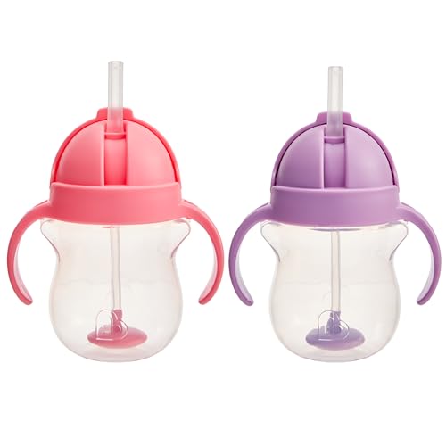 Image of Munchkin Any Angle Sippy Cups for Toddlers, Spill Proof Weighted Straw Cup with Transition Handles for Babies 6 Months and Up, 7 Ounce, 2 Pack, Pink/Purple