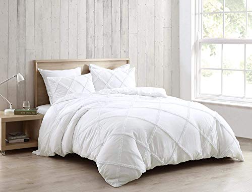 Chezmoi Collection Vivian 3-Piece Diamond Ruffle Trim Duvet Cover Set - Hypoallergenic Soft Washed Microfiber Comforter Cover With Button Closure And Corner Ties - Queen, White #TOP26