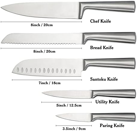 HUIKAILI 5 Piece Kitchen Knife Set, Professional Knife Set Stainless Steel with Gift Box, Sharp, Non-Slip, Frosted Handle, with Santoku, Chef's Knife, Bread Knife, Universal Knife, Paring Knife