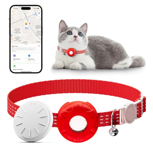 Image of Cat Tracker, Pet Tracker for Cats, Cat Tracker Collar with Safety Elastic Buckle, Works with Any Collar,Compatible with Apple Find My App (Only iOS), No Monthly Fee Pet Tracker, Red
