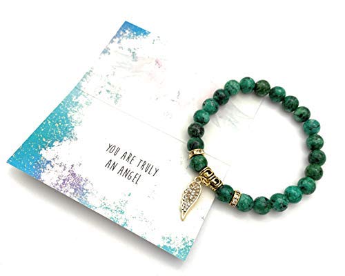 Smiling Wisdom - Angel Wing Appreciation Kindhearted Thank You Keepsake Greeting Card And Stretch Stone Bracelet - Green Rain Flower Stones - 7.5 Inches Medium #TOP6