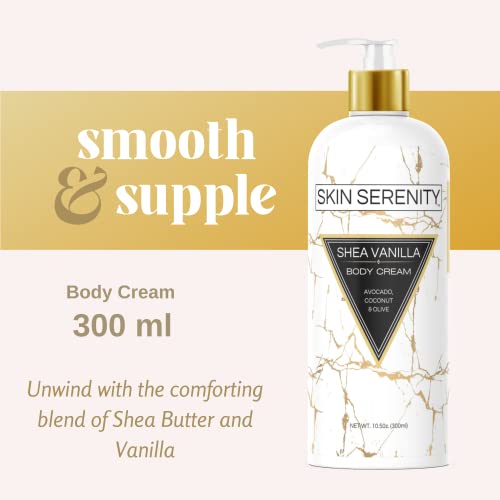 Skin Serenity Shea Vanilla Body Cream | 10.5 Oz | Non-Greasy, Organic, Scented, Essential Oils | Dry Skin Moisturizer #TOP4
