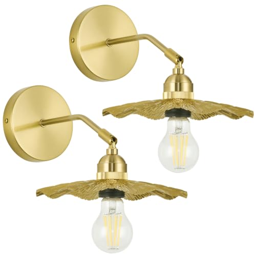 Image of PASSICA DECOR Hardwired Wall Sconces Set of Two 2 Pack 180 Degree Adjustable Vintage Metal lamp with Gold Finished,Shade with Veins Pattern Wall Lighting Fixture for Bedroom Vanity Farmhouse