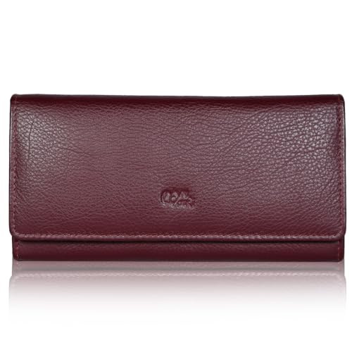 Image of Women's Top Grain Leather Wallet, RFID Blocking Bifold clutch, 17 Card Slots, Zip Pocket Organizer, Elegant Gift for Women - Birthday, Valentine, Anniversary - WINE RED