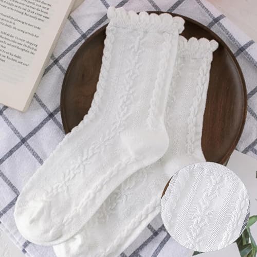 Zbssny 4 Paar Trachtensocken Damen, Weiße Rüschen Socken Baumwoll Mit Hohl Muster für Spitzen Socken mit Rüschen Damen Gestrickt Crew Söckchen