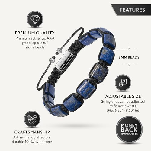 RTZN® Lapis Lazuli Bracelet for Men – Premium Artisan Handcrafted Authentic Blue Lapis Lazuli Men's Beaded Bracelet – Adjustable Blue Lapis Bracelets for Men3