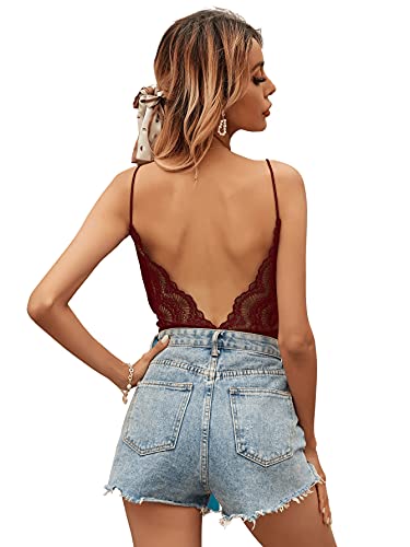 SweatyRocks Women s Lace Sleeveless Cami Bodysuit Backless Scallop Trim Jumpsuit Burgundy M