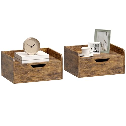Image of HOMCOM Floating Nightstands Set of 2, Wall Mounted Bedside Table with Storage Drawer for Bedroom, Rustic Brown