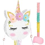 Foldable Unicorn Piñata - Unicorn Birthday Party Supplies Extendable Piñata with Blindfold Bat and Tassels Unicorn Birthday Party Decoration Games Folding Pink Unicorn Piñatas for Kids Classroom Game