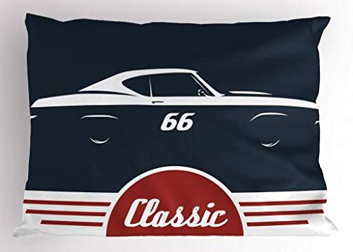 Lunarable Man Cave Pillow Sham, Classic Vintage Sports Car Muscle Vehicle Silhouette Old Fashioned Style, Decorative Standard Queen Size Printed