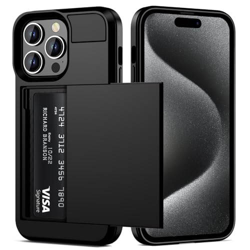 Vofolen Compatible with iPhone 15 Pro Case with Card Holder Dual Layer Shockproof Wallet Phone Case Hidden Card Slot Sliding Protective Hard Shell Back Cover Slim Case for iPhone 15 Pro 6.1 Inch Black