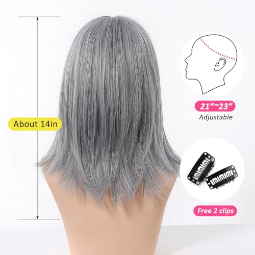 OUFEI Gray White Bob Wigs for Women with Bangs Short Natural Straight Synthetic Hair Heat Resistant Wigs for Daily Party Cosplay Wear by OUFEI - Image 4