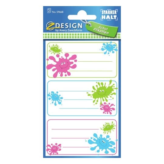 Avery Italia 48669 - assortimento su espositore di 60 stickers adesivi, decorativi per libri, quaderni e materiali per la scuola, 6 fantasie, 60 pezzi totali