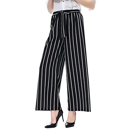 Pantalon large à rayures 7/8 pour femme - Pantalon d'été - Pantalon de frappe élégant - Pantalon business à rayures - Pantalon décontracté décontracté à taille haute - Noir - L Cover