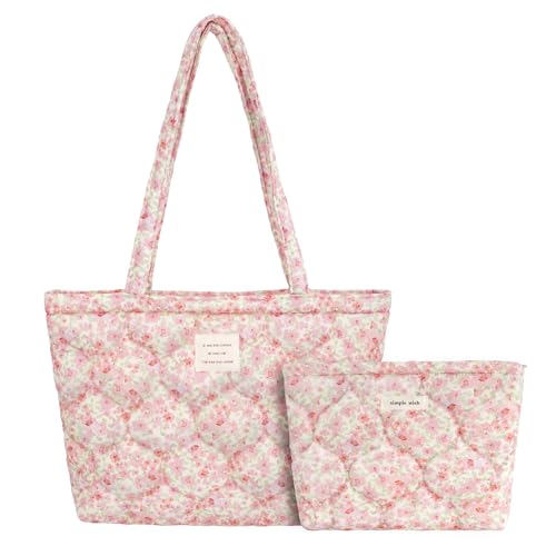 Sac fourre-tout floral femme cabas coton matelassé et pochette fermeture éclair