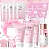 17 Pezzi Kit per la Cura della Pelle Sakura, Set Regalo per la Cura Della Pelle con Tonico, Crema Viso, Maschera per dormire, Maschera di fango, Essenza, Sakura Skincare Set per Ragazze Donne