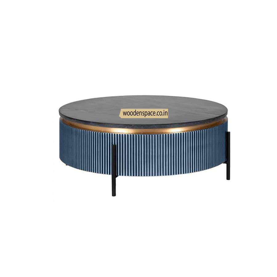Image of WOODEN SPACE Premium Luxury Nazaara Marble-Top Coffee Table with Iron Legs & PVD Coating | Modern Round Wooden Center Table for Living Room & Entryway (Blue)