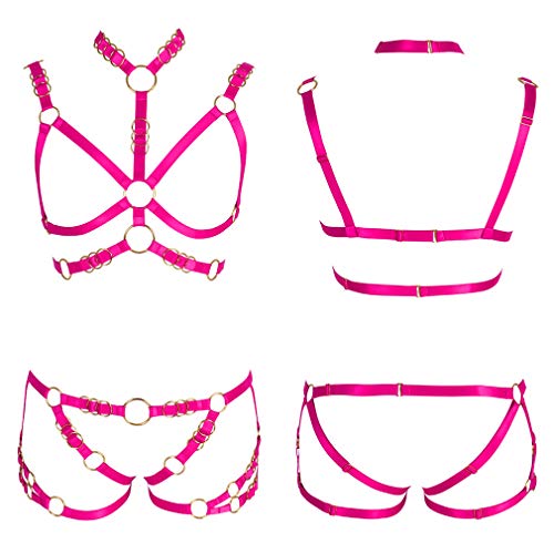 Women's Full Body Harness Bra Lingerie Cage Set Garter Belt Punk Gothic Chest Straps Festival Rave Plus Size (Rose Red) #TOP1