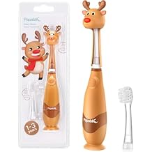 Papablic Toddler Sonic Electric Toothbrush for Ages 1-3 Years, Baby Electric Toothbrush with Cute Reindeer Cover and Smart LED Timer, 2 Brush Heads Ruby
