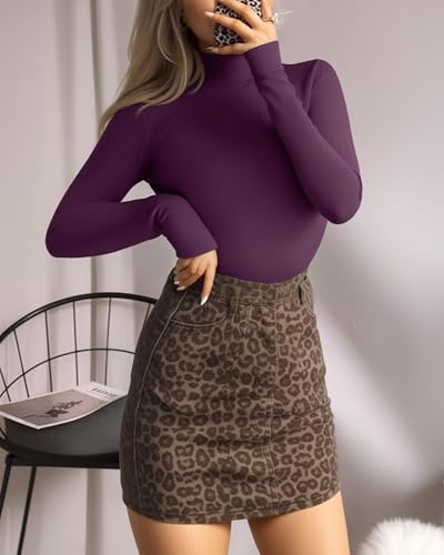 Image of MANGOPOP Women's Mock Turtle Neck Long Sleeve Tops Bodysuit Jumpsuit, Long Sleeve Lavender, Large