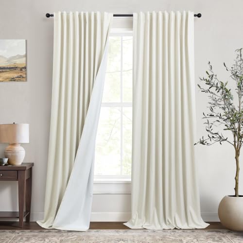 Extra Wide Blackout Linen Curtains 70 x 108 Inch Extra Long for Living Room Bedroom Neutral Farmhouse High Ceiling Thick Linen Pleated Drapes Thermal Insulated Large Windows Sliding Door 2 Panel 9 FT