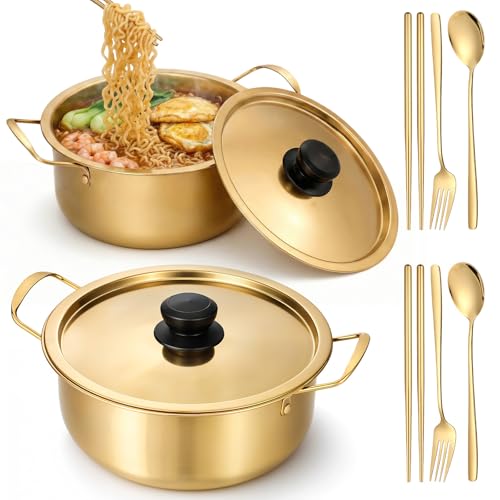 2 Pack Korean Ramen Pot With Lid Korean Ramen Noodle Pot with Handles Koreans Noodle Cooker with tableware Koreans Pots Stainless Steel Cooking Pots Golden KoreanCookingPot(7 8)