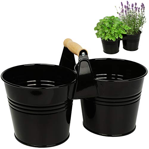 alles-meine.de GmbH doppelter 2er - Metall - Blumentopf/Pflanzkübel/Pflanzschale - mit Holzgriff/Henkel - schwarz - 34 cm - RUND - frostsicher - MITTEL groß - Eimer/Dekot..