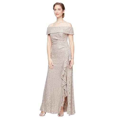 Alex Evenings Women's Long Foldover Off The Shoulder Gown, Formal Event, Mother of the Bride Dress, Buff Lace, 12
