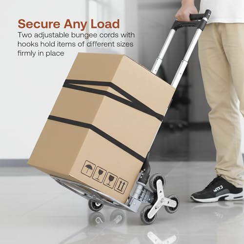 Image of BonKaso 60kg Foldable Stair-Climbing Trolley with 3 Puncture-Proof Wheels | Heavy-Duty Aluminium & ABS Plastic Hand Truck | Luggage Cart for Boxes, Appliances & Travel Use (47.5x44.5x100.5cm) Silver