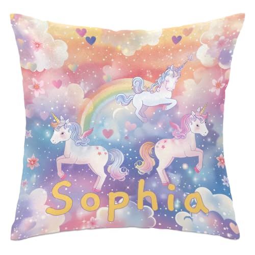 Personalized Cute Unicorn Square Pillowcase for Kids-Girls,Custom Name Cushion Covers,Custom Gifts Throw Pillow Cover for Girls Children Birthday,for Sofa Car Bedroom (Cover Only),Orange Purple