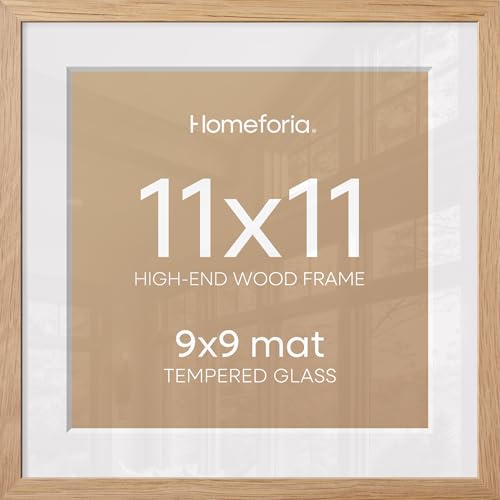 Image of Homeforia 11x11 Picture Frame Wood, High-End Natural Oak 11 x 11 Thin Square Poster Frames with Mat 9 by 9 inch Photo, 11by11 Light Wooden Frame Matted to 9x9 Print, Tempered Glass, Wall Kit, Set of 3