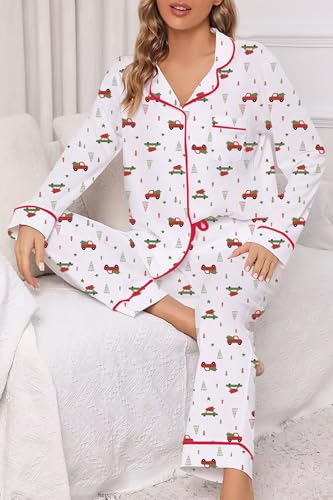 Image of LUBOT Christmas Pajamas for Women 100% Cotton Pajama 2 Piece PJ Set Soft Long Sleeve Button Xmas Print Loungewear XS-XXL
