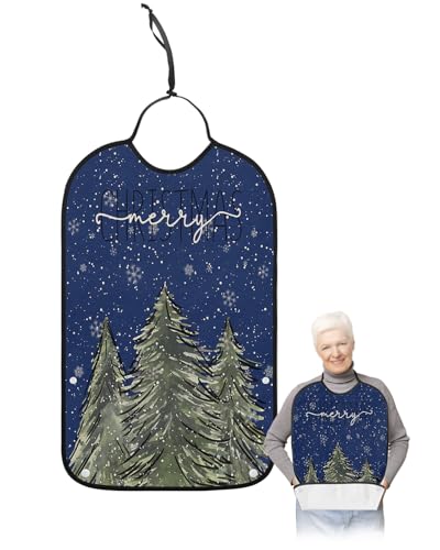 LEOKOTI Navy Blue Christmas Tree Adult Bibs for Eating, Waterproof Bibs with Food Catcher & Adjustable Snap Closure, Green Xmas Tree Snowflake Washable Clothing Protectors Adult Bibs for Elderly