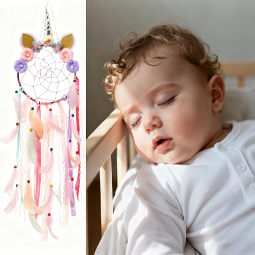 ALMLWIAJ Einorn Tragenringe Traumfänger Lila mit Federn, Spiritualle Traumdecker für Guten Schlaf, Schutz & Positive Energie, Deko fürs Schlafzimmer Wohnzimmer Jugendzimmer Mädchenzimmer