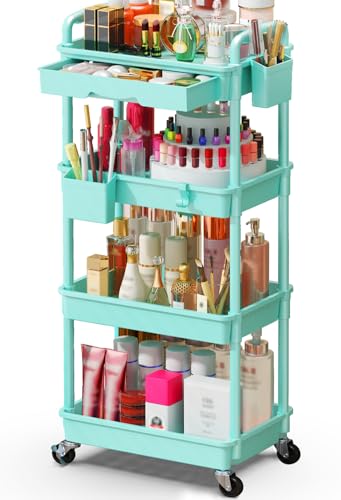 Image of SUNALLY Makeup Cart Organizer with Drawer, 4 Tier Rolling Makeup Cart, Blue