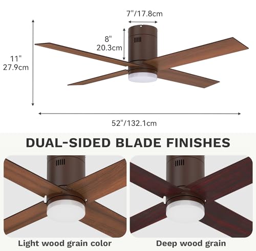 DWVO 52 Inch Flush Mount Ceiling Fan with Lights, Low Profile Reversible 4 Blade Ceiling Fan with Dimmable 3 Color Temperature, 6 Speed DC Motor, Memory Function for Bedroom, Living Room, Brown