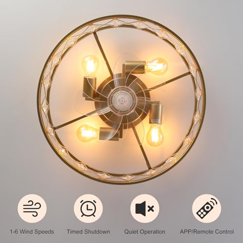 Image of Garwarm Caged Ceiling Fan with Light,20 inch Ceiling Fans with Lights and Remote,Bladeless Fandelier Small Low Profile Ceiling Fan Light Fixture for Bedroom,Kitchen,Dining Room,Gold