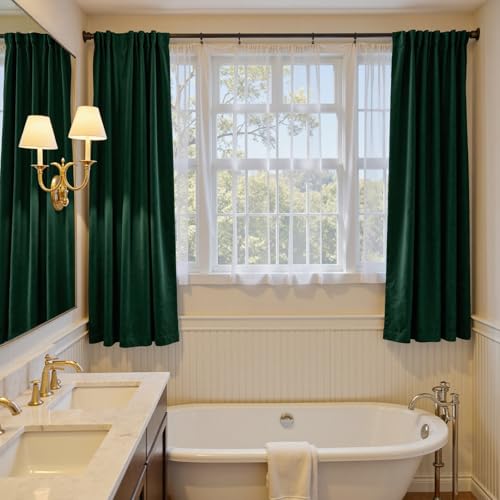 Image of Blackout Emerald Green Velvet Curtains 52x72 Inch 2 Panels | Soft Velvet, For Small Windows, Kitchens & Bathrooms, Light Shifting Texture, Elegant Drape, Classic