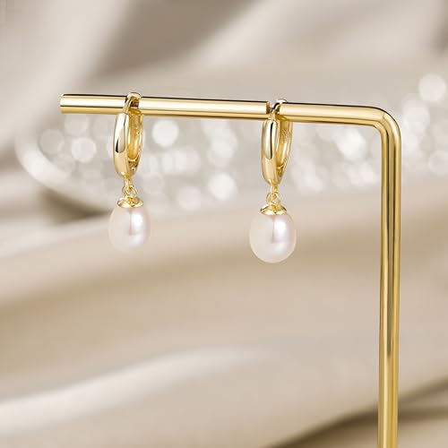 EAMTI Pearl Earrings for Women Trendy 925 Sterling Silver Freshwater Cultured Pearl Huggie Hoop Drop Earrings 14K Gold Plated4