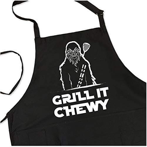 Grill it Chewy BBQ Grill Apron - 1 Size Fits All Chef Apron Poly/Cotton 4 Utility Pockets, Adjustable Neck and Long Waist Ties