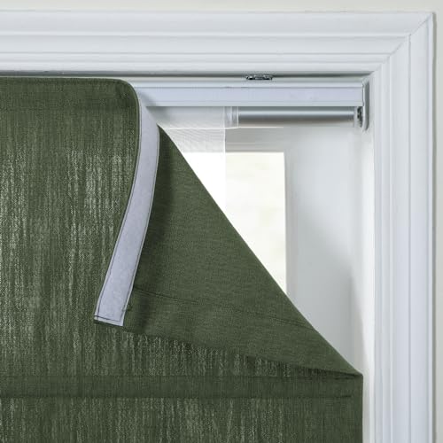 Image of TWOPAGES Isabella No Drill Cordless Roman Shade Linen Textured Cotton Roman Blind for Windows, Custom Made Room Darkening Blackout Roman Window Shade, Hardware Included, Hunter Green, 1 Piece