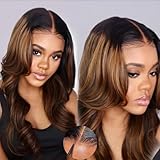 KLAIYI Bye Bye Knots Glueless Wig Ombre Brown Body Wave Pre Cut 7x5 Lace Front Wigs Human Hair Pre Plucked Pre Bleached Pre Everything Wear and Go Wig 12A Highlight Balayage 30S Ready To Go Wig 20Inch